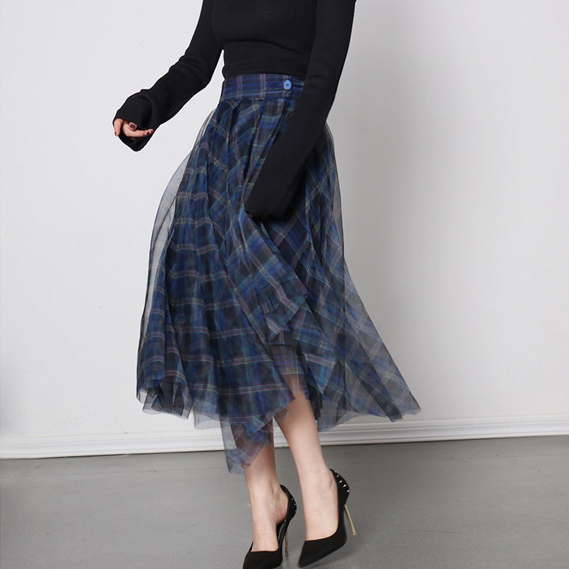 Blue plaid mesh skirt, multi-layer versatile A-line skirt for women