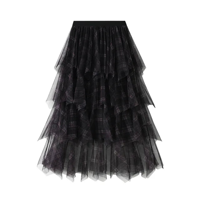 A-line skirt mid length skirt women's irregular mesh cake skirt