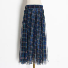 Blue plaid mesh skirt, multi-layer versatile A-line skirt for women