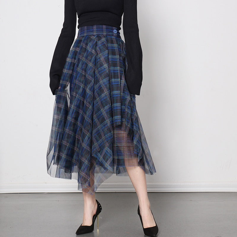 Blue plaid mesh skirt, multi-layer versatile A-line skirt for women