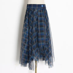 Blue plaid mesh skirt, multi-layer versatile A-line skirt for women