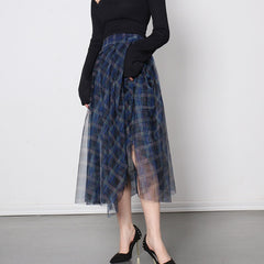 Blue plaid mesh skirt, multi-layer versatile A-line skirt for women