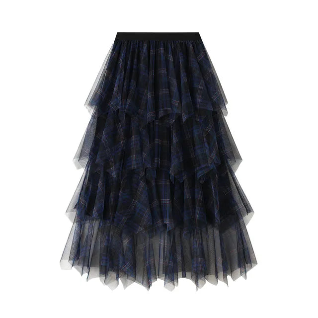 A-line skirt mid length skirt women's irregular mesh cake skirt